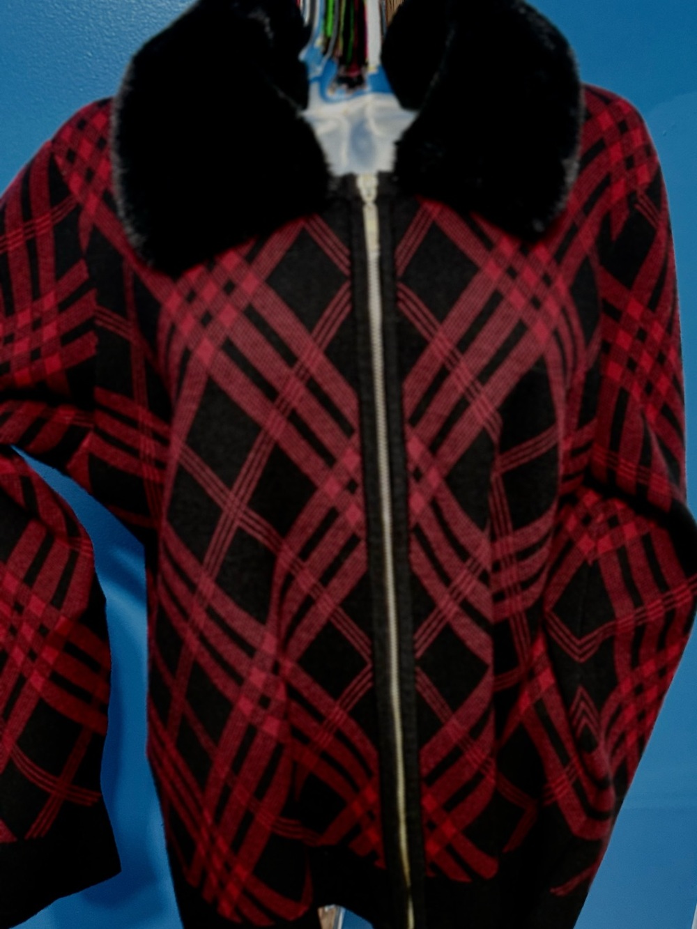 Anne Klein Red and Black Plaid Zip-Up Jacket with Faux Fur Collar
